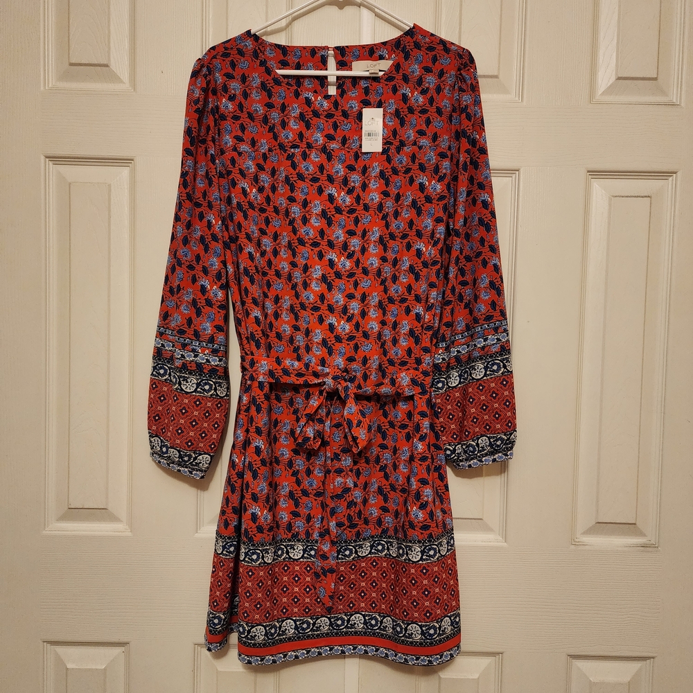LOFT Red and Blue Floral Long Sleeve Belted Dress Size Large